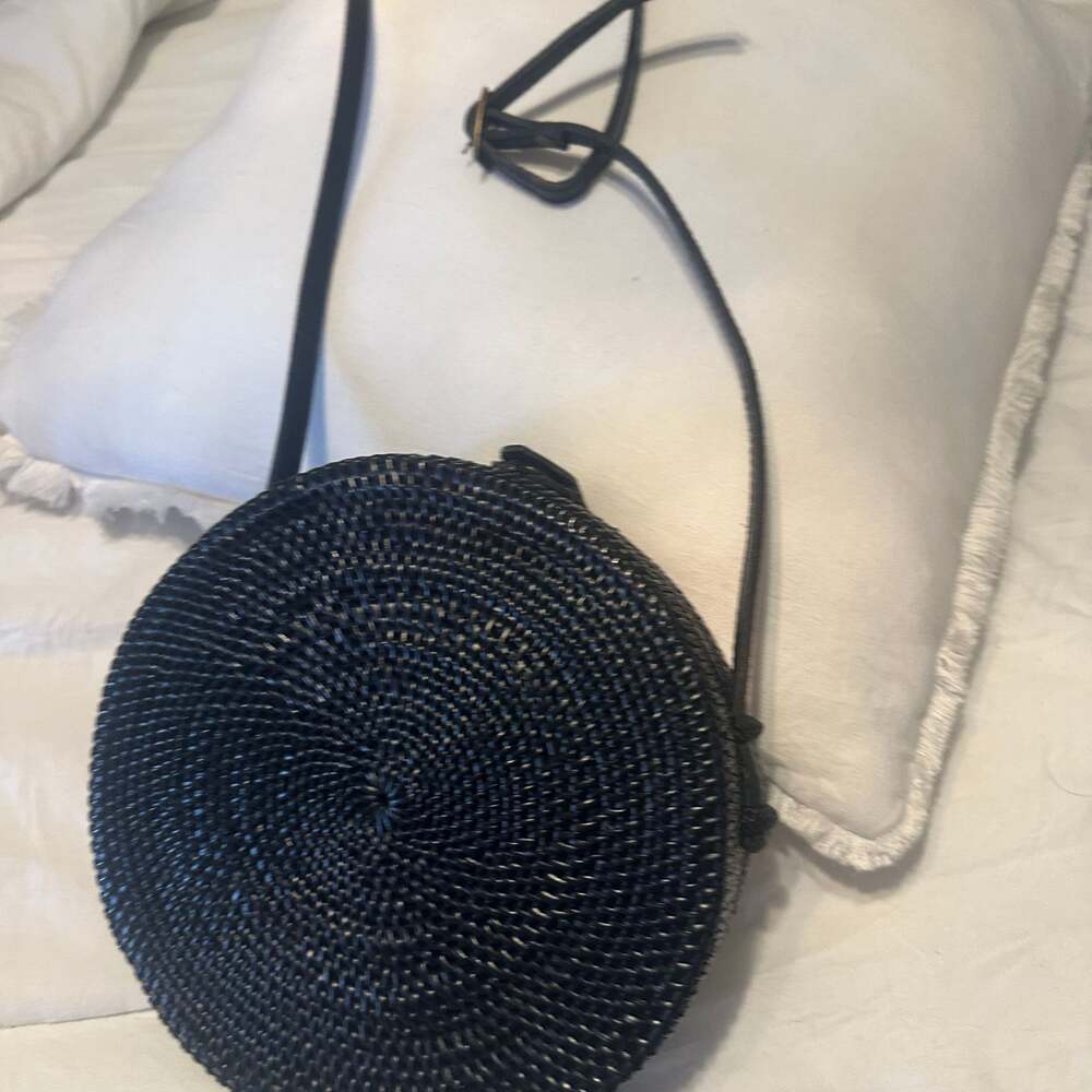 Black Rattan Woven Round Crossbody Bag with Leather Strap